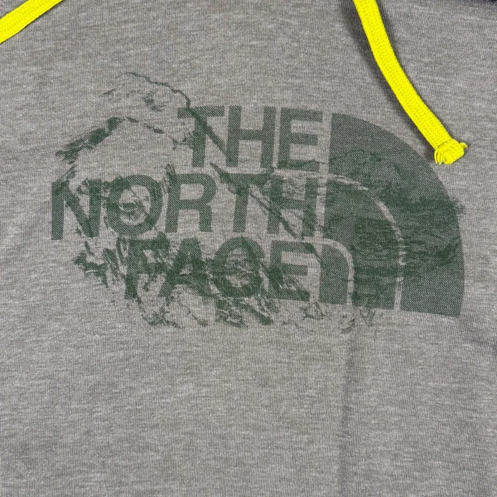 The North Face Mens Gray Distressed Logo Pullover Hoodie Size Large Neon Yellow